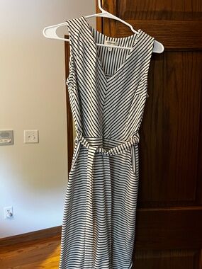 Monteau Black and White Striped Sleeveless Midi Dress with Tie Waist